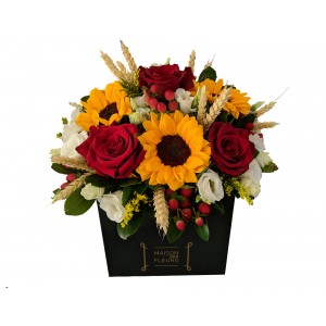Συνθέσεις Λουλουδιών - Red Sunbox - Σύνθεση από ποικιλία εντυπωσιακών λουλουδιών σε έντονες χρωματικές αντιθέσεις!